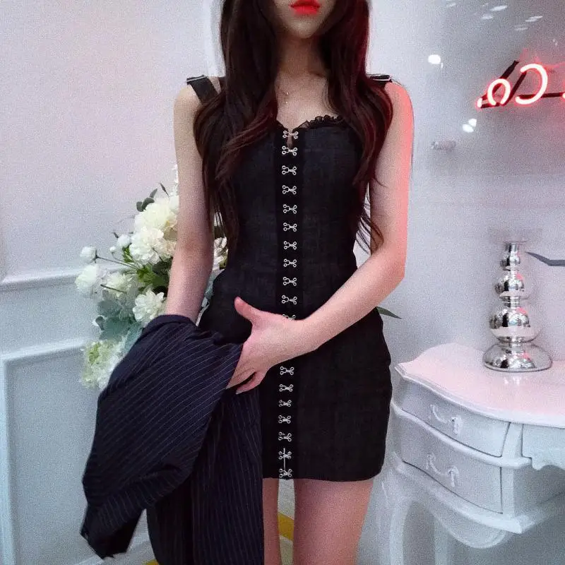 Kpop Blackpink Jisoo же летнее модное сексуальное платье трапециевидной формы с высокой талией женское корейское уличное тонкое однобортное платье на бретельках