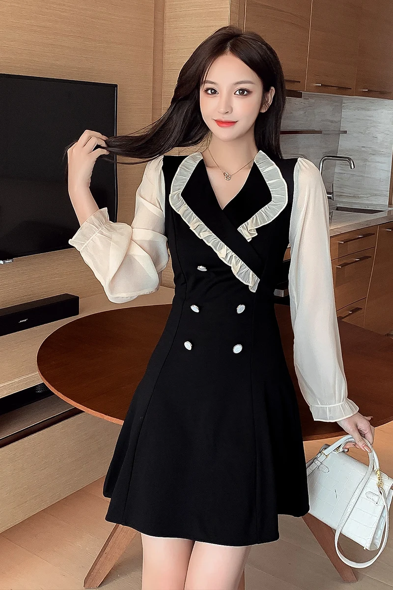 

COIGARSAM Fashion Patchwork Women dress Full Sleeve Double Breasted Dresses Black 8098