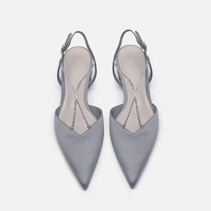 

Silk Satin Fairy Evening Shoes Women's Shoes 2021 Summer Pointed Diamond Cross Chain Flat Sandals Gentle Single Shoes