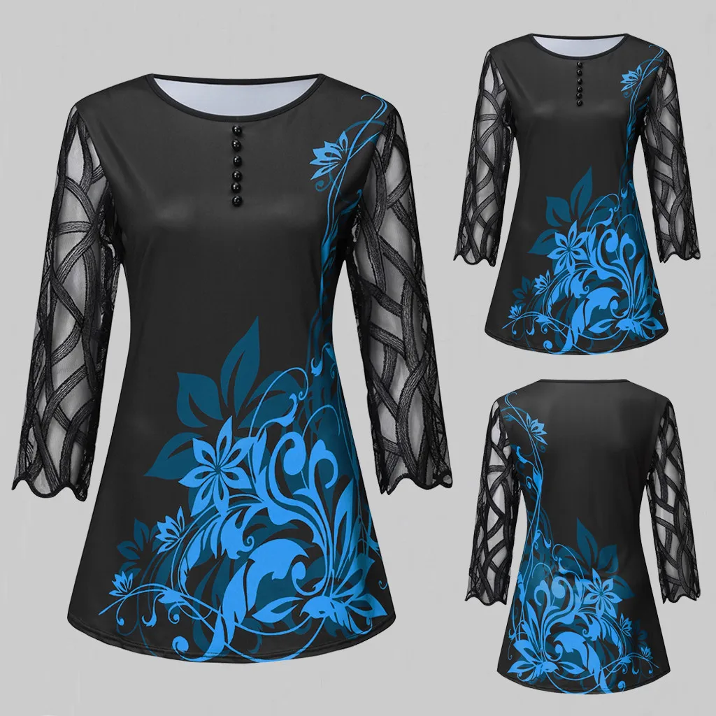 

Floral Print Sexy Lace Blouse Shirt Black Tees Women 2020 Autumn New Casual Tops O Neck Female Shirts Plus Size 5XL Ladies Shirt