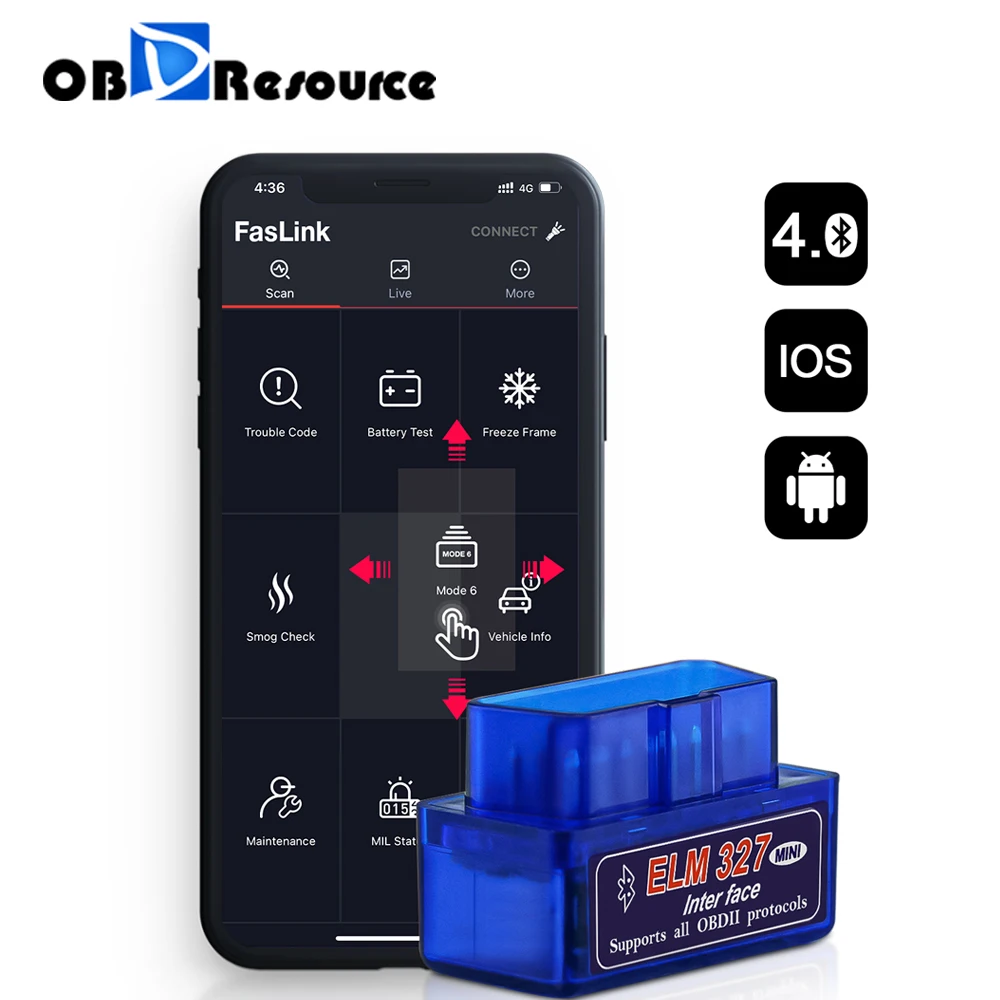 Bluetooth ELM327 для iPhone Android OBDII считыватель кодов V1.5 V2.1 ELM 327 Faslink бесплатное