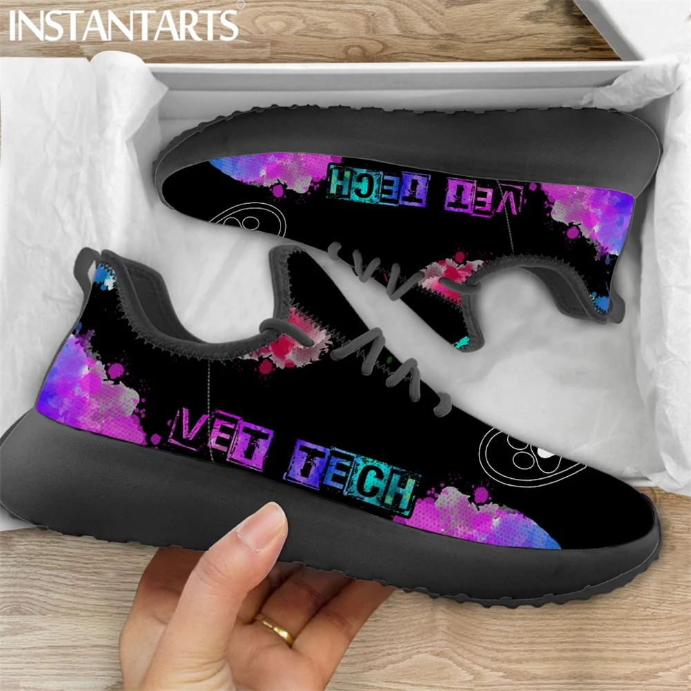 

INSTANTARTS Autumn Winter Warm Soft Mesh Knitted Sneakers Vet Tech Letter With Dog Paw Pattern Women Flat Shoes Lace up Zapatos
