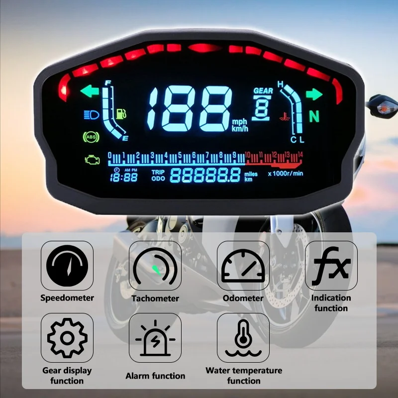 

Универсальный светодиодный ЖК-спидометр для мотоцикла с цифровой подсветкой, Водонепроницаемый одометр, Тахометр для 1,2,4 цилиндра, электро...