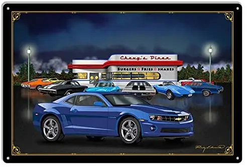 

ArtFuzz Chevys Diner Blue Hot Rod Metal Sign by Rudy Edwards 20x30