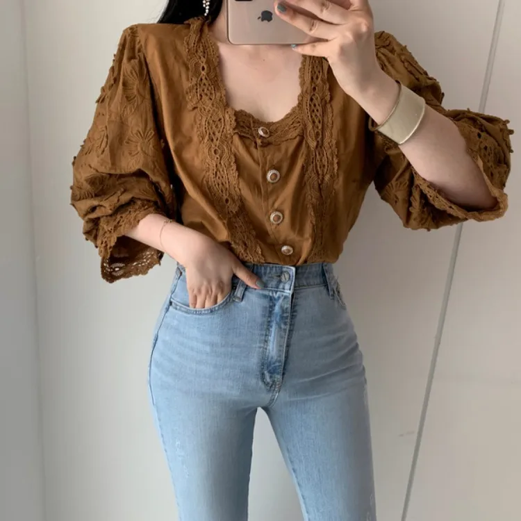 

Korean Chic Autumn Retro Hollow out shirt Square collar Jacquard Lace Blouse Single breasted Puff sleeve Women Tops
