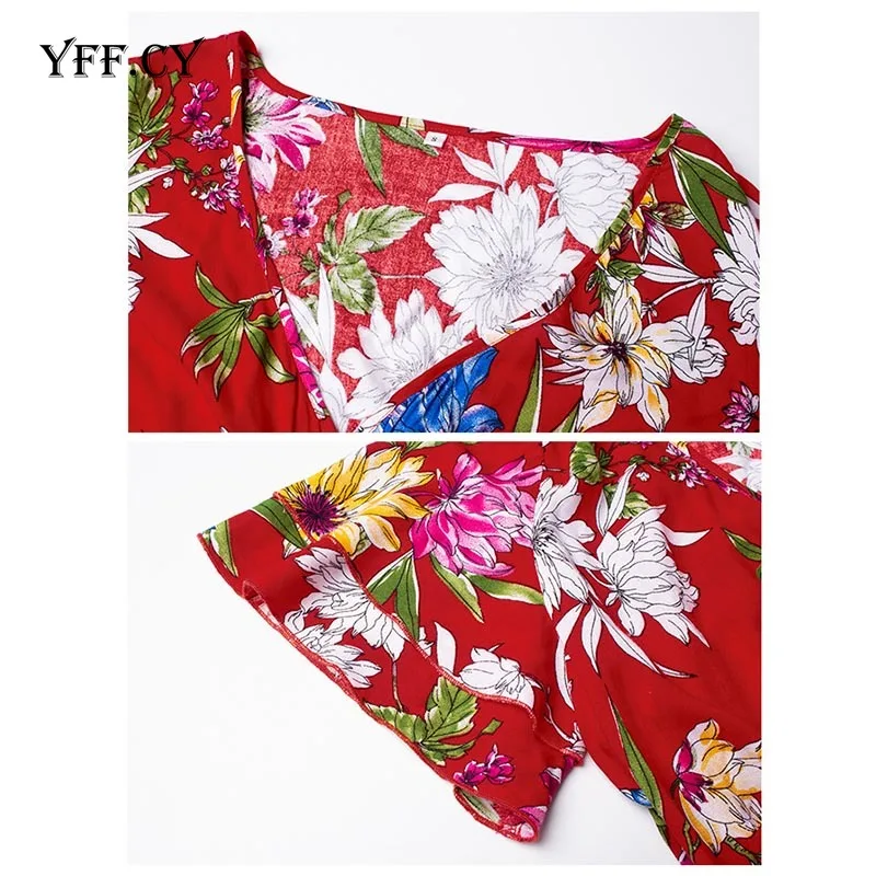 

Fashion Bohemian Print Floral Ruffles V Neck short-sleeved midi dress adjustable belt Casual Beach dresses women summer clothes