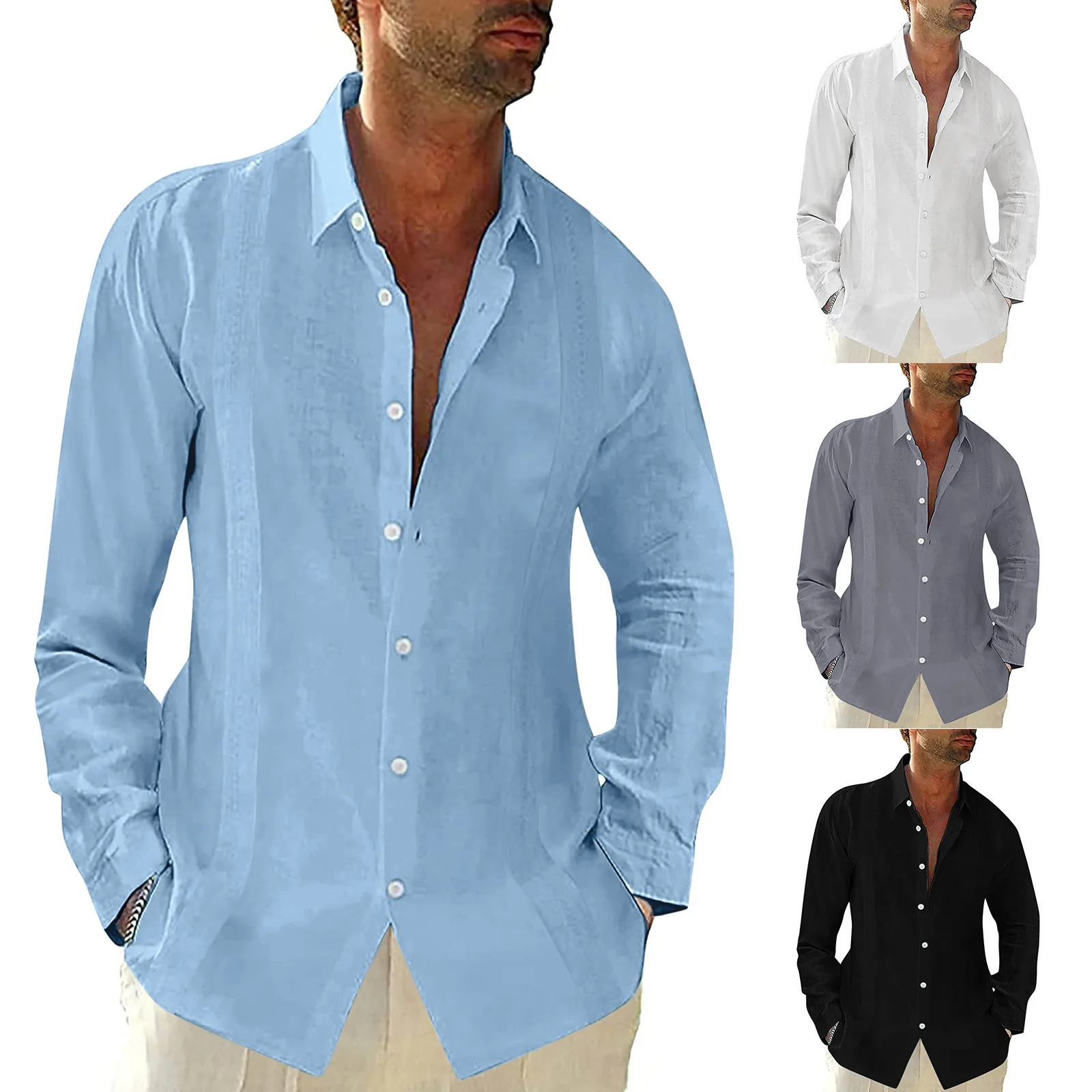 

Рубашка мужская с вышивкой на поясе, повседневная сорочка с длинным рукавом и отложным воротником, однотонная Удобная блуза, однотонная