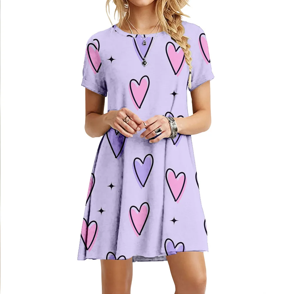 

Round Neck Cute Loose Large Size Skirt Fasion Hot Selling Big Swing 2021 Women's Dress New Summer Short Sleeve Printed Dress