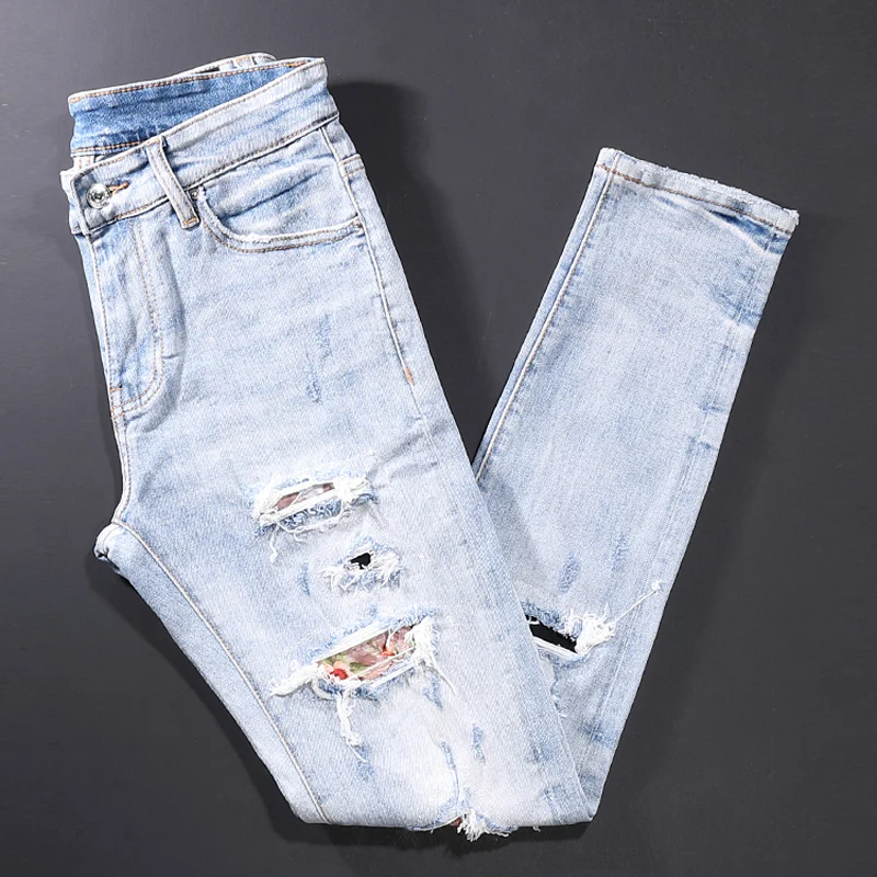 American Street Fashion Men Jeans Retro Light Blue Elastic Slim Fit Ripped Jeans Men Patches Designer Hip Hop Denim Punk Pants