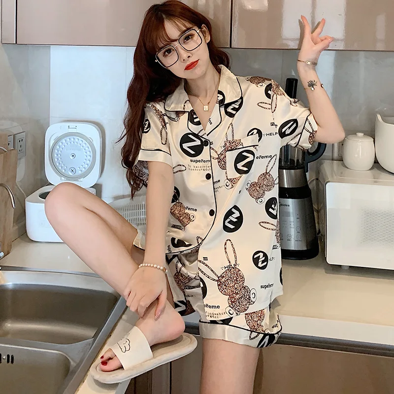 Cardigan Pajamas Womens Summer Short Sleeve Leopard Print Rabbit Simulation Suit Ice Silk Thin Spring and Autumn Homewear