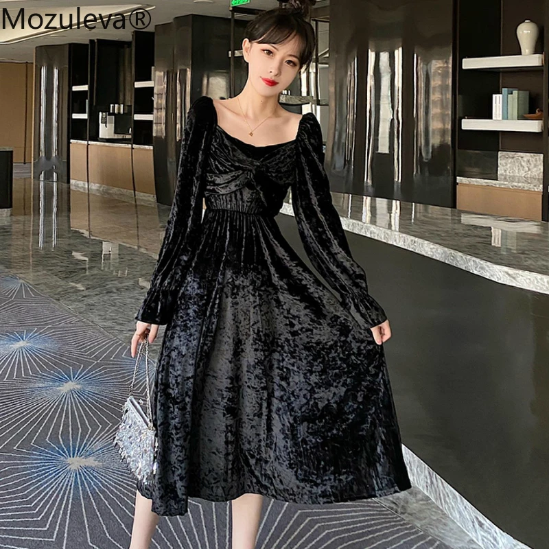 Женское бархатное платье Mozuleva однотонное платье-труба с длинным рукавом и бантом