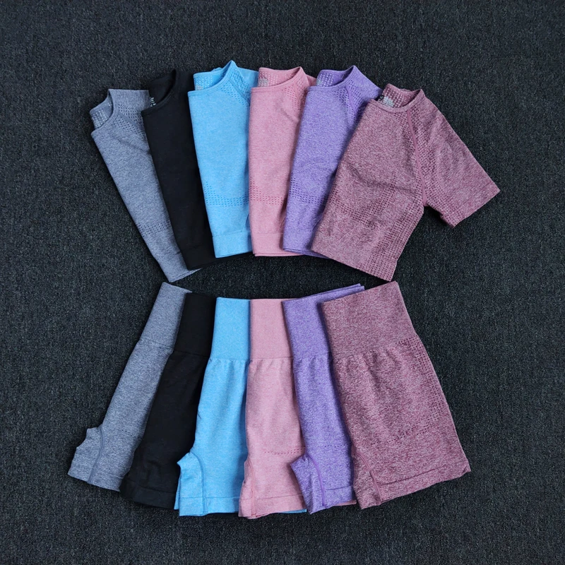 Бесшовный Женский комплект для йоги укороченный топ с коротким рукавом рубашка и