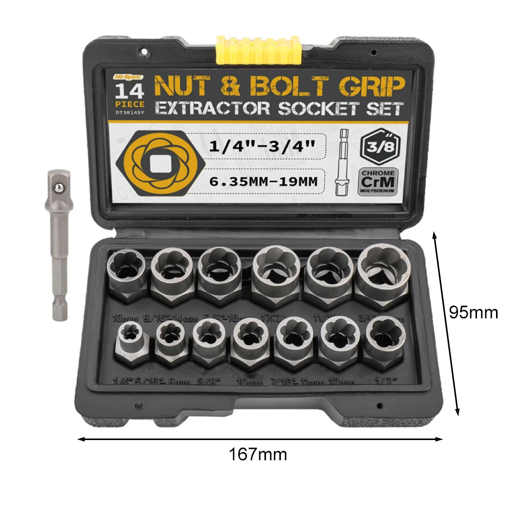

14pcs Hex Shank Socket Set Wrench Head Nut Removing Power Hand Tools Extension Holder Bits Adapter with Plastic Storage Box