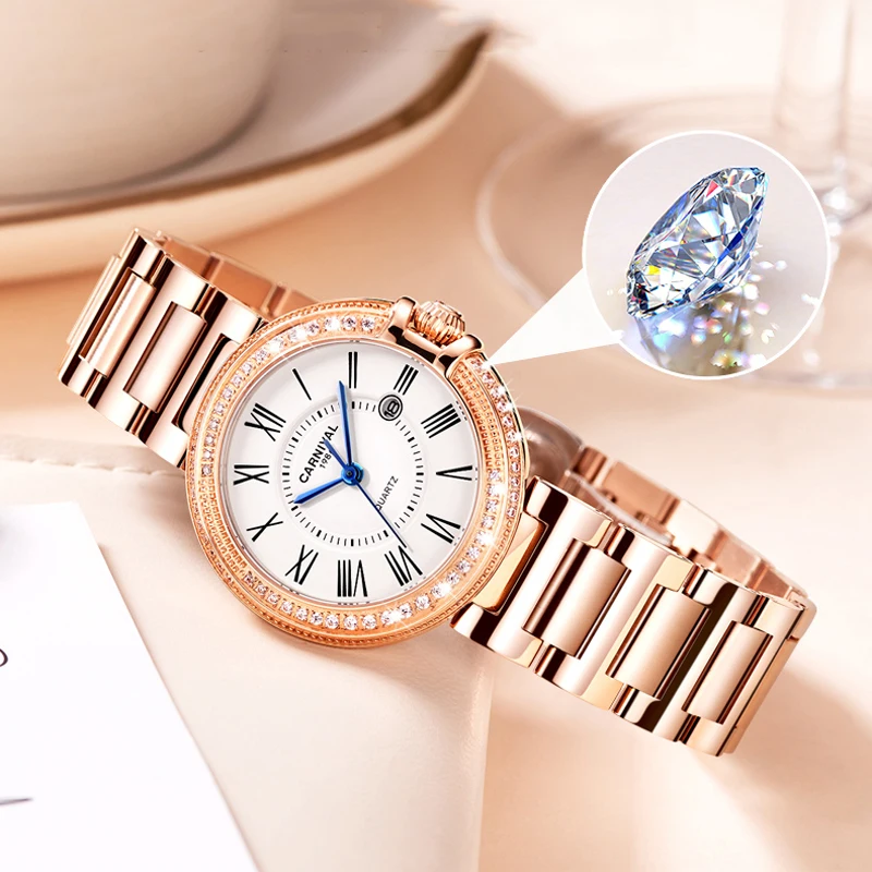 CARNIVAL Rose gold Luxury Women Watches Fashion Casual Quartz Ladies Wrist watch Steel strap Waterproof Clock Relogio Feminino