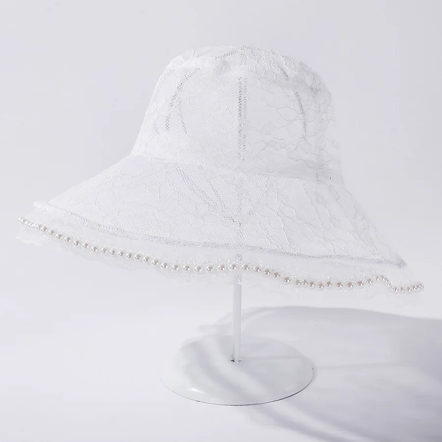 

COKK Summer Hats For Women Lace Pearl Beads Big Wide Brim Sun Hat Female Flower Pattern Casual Outdoor Beach Hat Gorro New Black