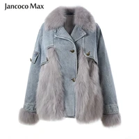 winter fur coats women fashion fox fur parka warm outerwear female clothing denim jacket with fur jeans s3502