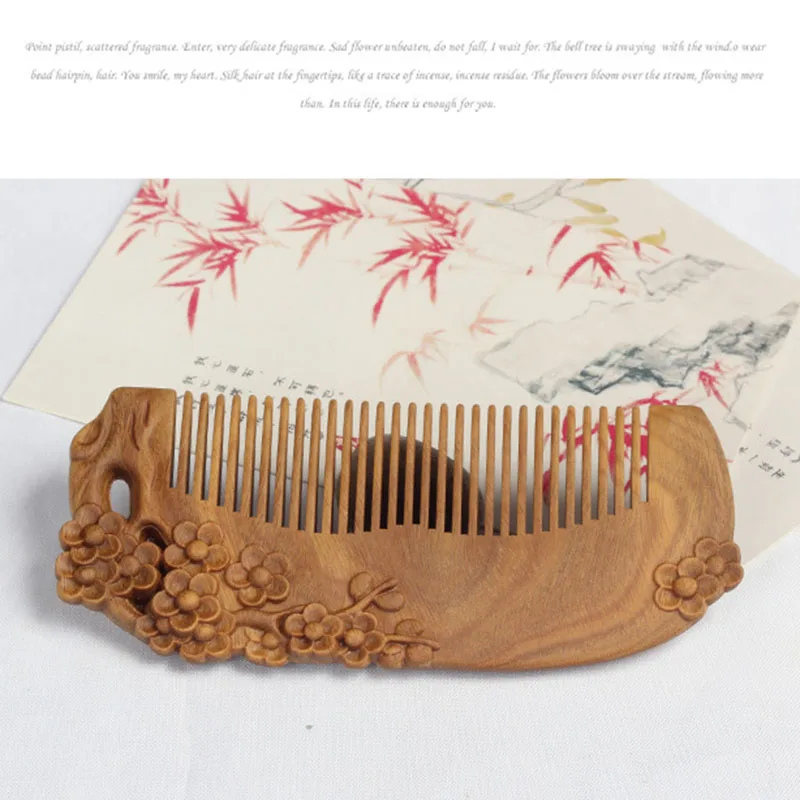 

1Pc Natural Green Sandalwood Comb Engraved Peach Wood Healthy Massage Anti-Static Comb Hair Care Tool Beauty Accessories