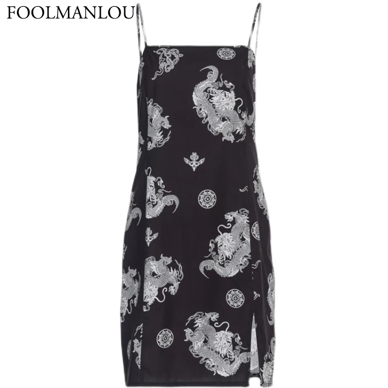 Women Dress Summer Dragon Print Split Sexy Spaghetti Straps Mini Dress For Women 2021 Fashion New Sleeveless Party Vestidos