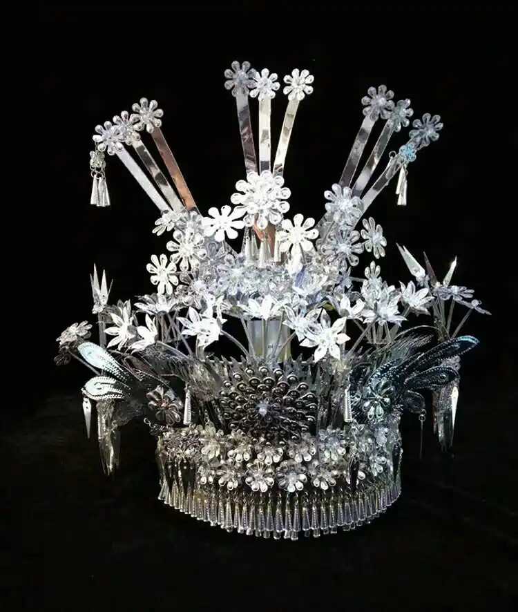 Китайские шляпы Miao для косплея ЭТНИЧЕСКИЕ СЕРЕБРЯНЫЕ головные уборы ручной