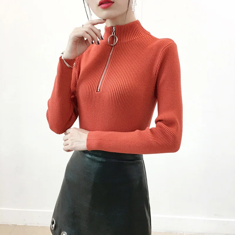 Женский трикотажный свитер-водолазка на молнии облегающий пуловер в Корейском