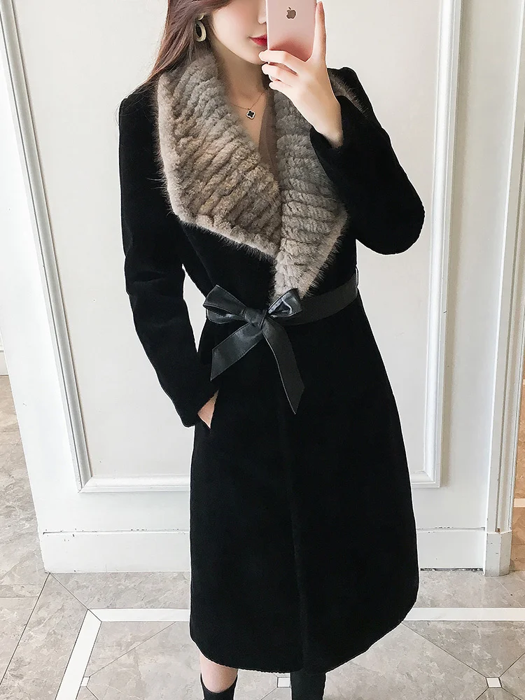 

Женское длинное пальто из натурального меха, зимнее пальто из 100% шерсти с норковым воротником, MY4828