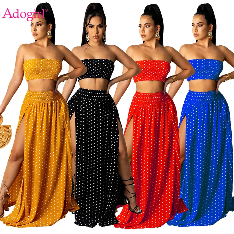 

Adogirl Women Polka Dots Print Beach Dress Two Piece Set Strapless Crop Top High Split Maxi Skirt Fashion Sexy Party Suit