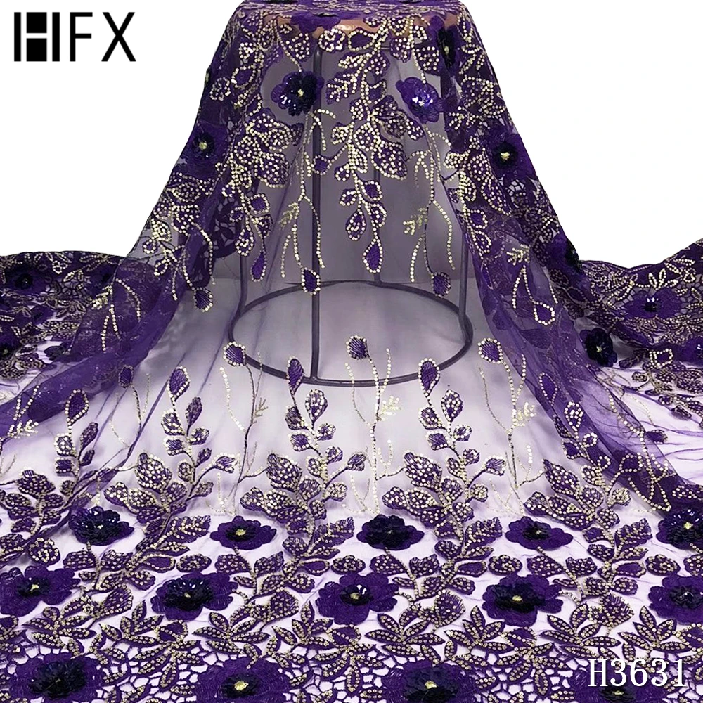 

HFX African sequins Lace Fabric 2020 royal blue High Quality Lace French Net Embroidery Tulle Fabric For Nigerian dress H3631