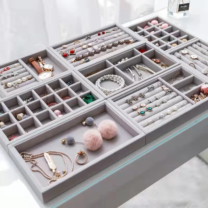 Velvet Jewelry Organizer Showcase Drawer Storage Trays Necklace Ring Bracelet Holder Display Stand Gray Drawer Organizer Case fanxi new metal jewelry display stand set ring necklace bracelet display holder shelf black leather jewelry organizer showcase