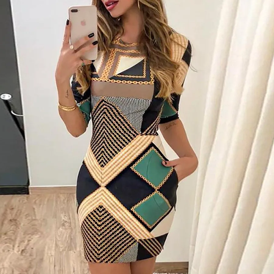 

2021 New Fashion Women's Slim Pocket Positioning Printing Short-sleeved Dress Long Skirt Female Commuter Style Casual Streetwear