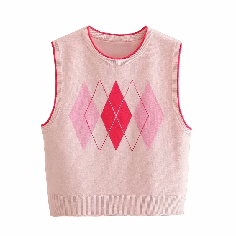 

Argyle Cropped Knitted Vest Sweaters Za Women 2022 Fashion Y2k Sweet Patchwork Sleeveless Knitwear Pink Kawaii Jumpers Female