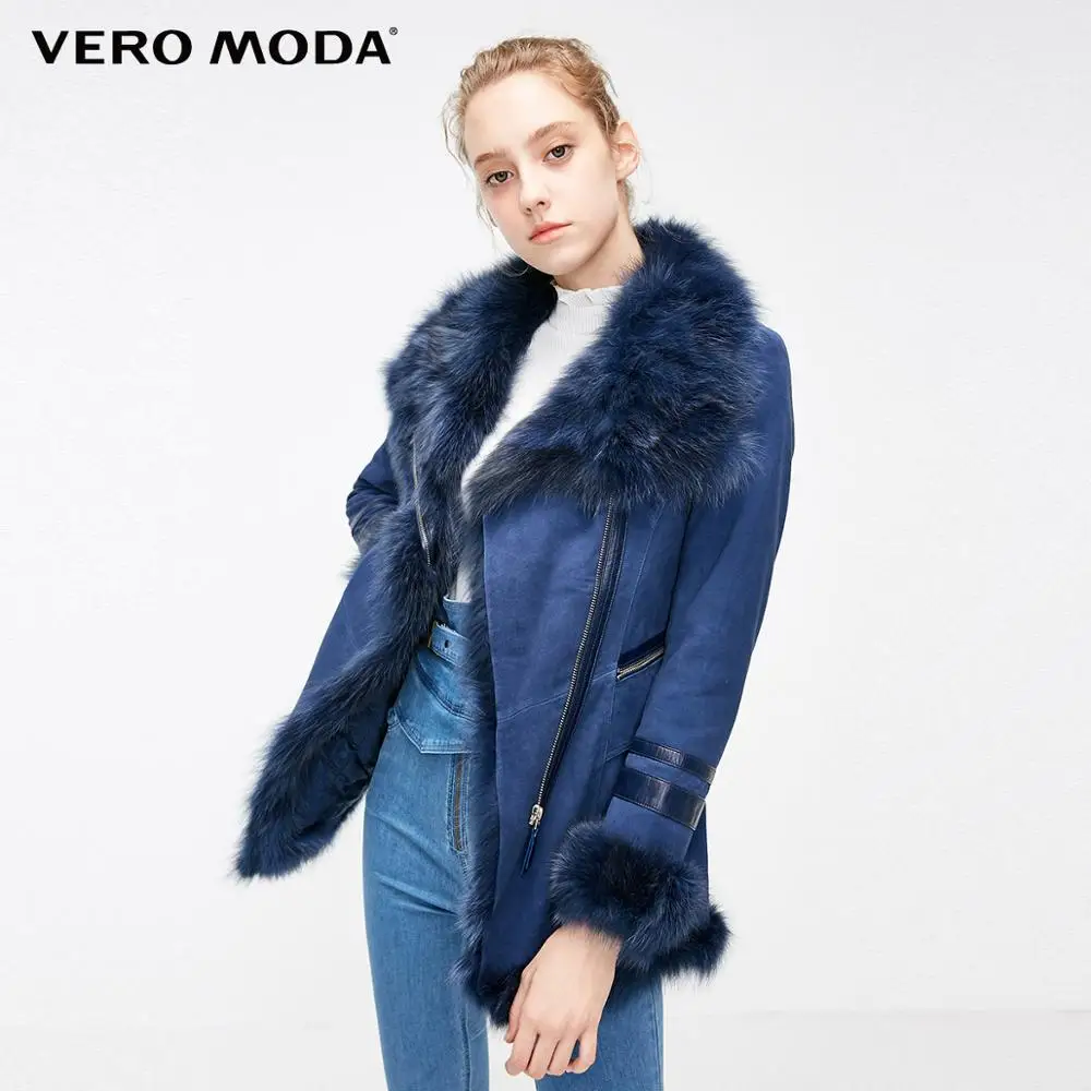 Vero Moda Новая женская кожаная куртка из овчины с воротником из лисьего меха на молнии | 318428525 - Цвет: Estate blue lea.
