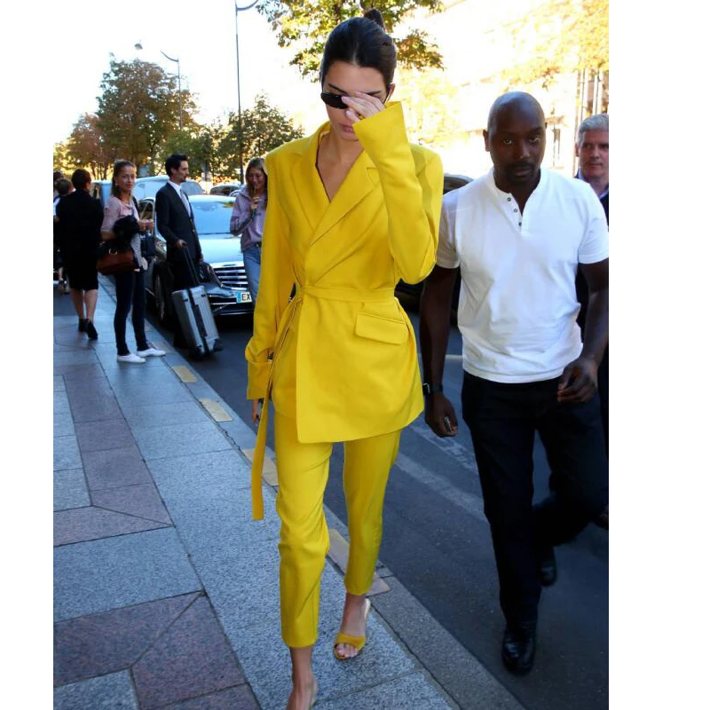 Женский облегающий костюм-Блейзер желтый костюм с брюками офисная одежда