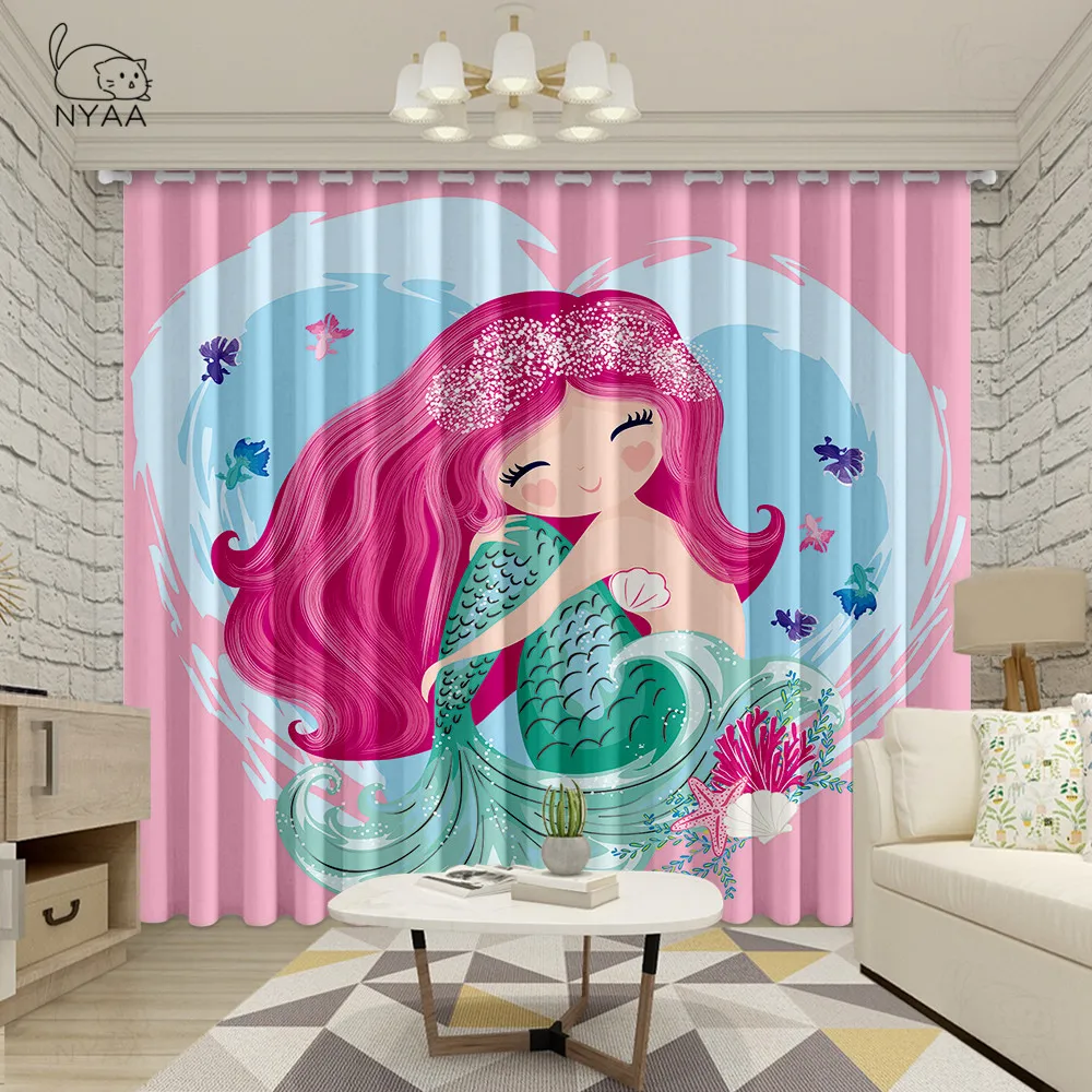 

Занавески с розовыми хвостами русалки для девочек, занавески для гостиной, занавески для детской комнаты, розовые занавески, сверхтонкие за...