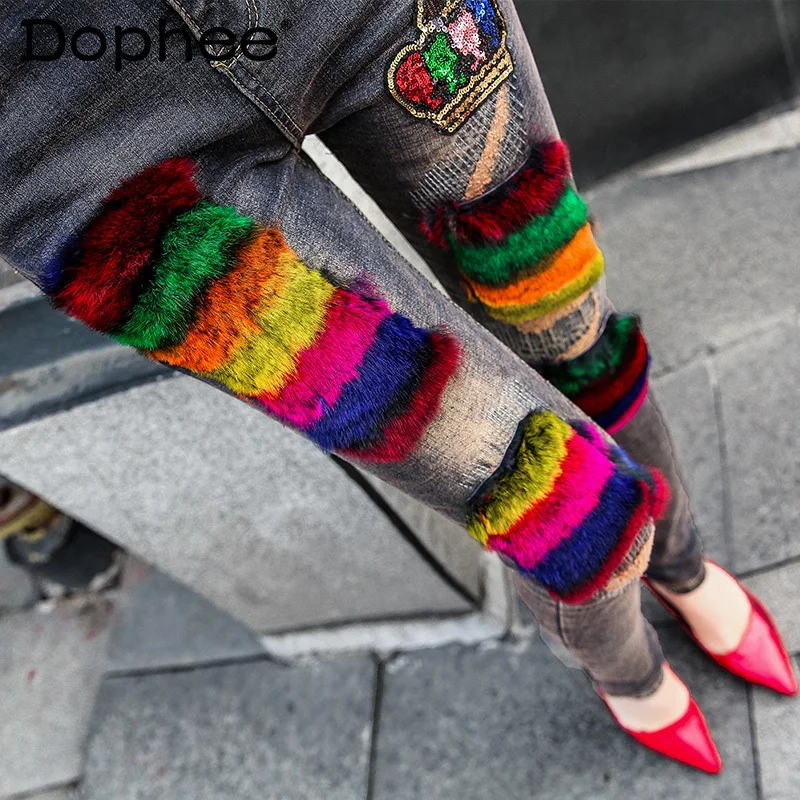 

Женские облегающие джинсовые брюки с высокой талией, бархатные плотные обтягивающие брюки с ярким Кроликом, Осень-зима 2021