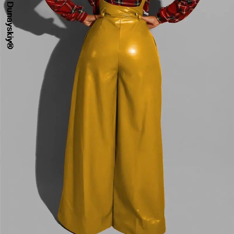 

Women PU Belted Wide Leg Pants Fashion Ladies Solid Casual Overalls Streetwear 2022 New PU Wide-leg Pants