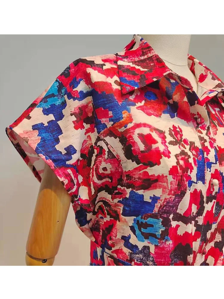 

Retro geometric print lace up waist lapel cotton and linen one-piece trousers ladies summer new fashion personality jumpsuit