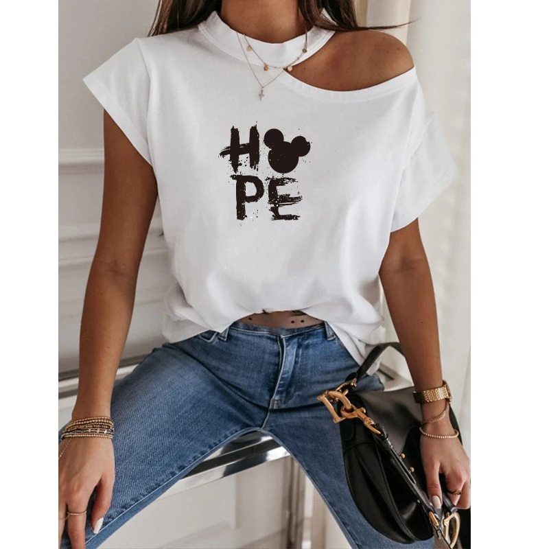 

Disney T Shirt Sexy Off Shoulder Woman Tops Letter Print Short Sleeve Summer T-Shirt Casual Black Tee Shirts Harajuku Clothes