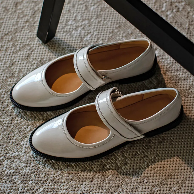 

Meotina Mary Janes Shoes Woman Natural Genuine Leather Flat Shoes Round Toe Dress Flats Cow Leather Ladies Footwear Spring Beige