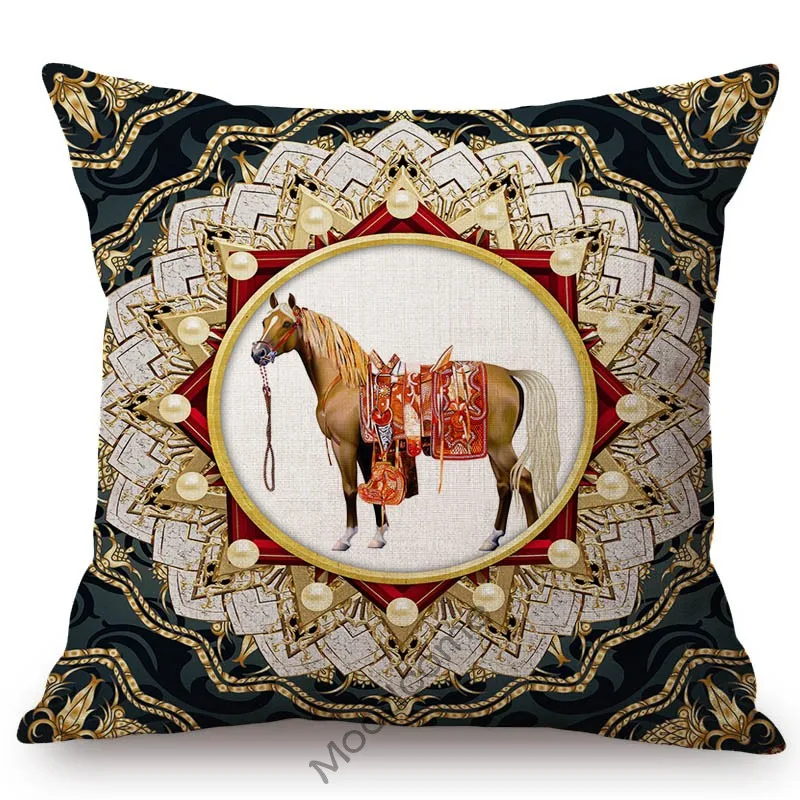 

Mild Luxury Classic European Royal Court Design Emerald Green Navy Blue Tone Horse Elephant Sofa Linen Pillow Case Cushion Cover