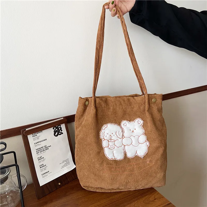 

Embroidered Corduroy Female Bag with Snap Button Korean Large-capacity Handbag Cartoon Cute One-shoulder Student School Bag