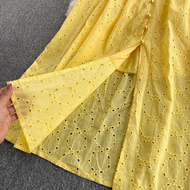 

Sexy Deep V-Neck Single Breasted Hollow Out Embroidered Dress Women Casual Short Sleeve Vacation Beach Party Vestidos 2021 New