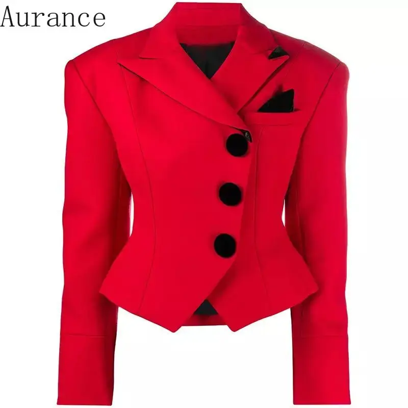 

[Aurance] Women Red Short Irregular Blazers Women Jackets Plus Size Vintage All Match Suit Coats 2021 Newest Fashion Blazer