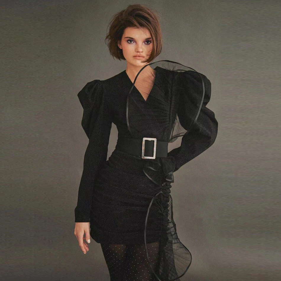 

Adyce New Summer Black Ruffles V Neck Mini Club Dress 2021 Sexy Long Sleeve Sashes Celebrity Evening Party Lady Dress For Women
