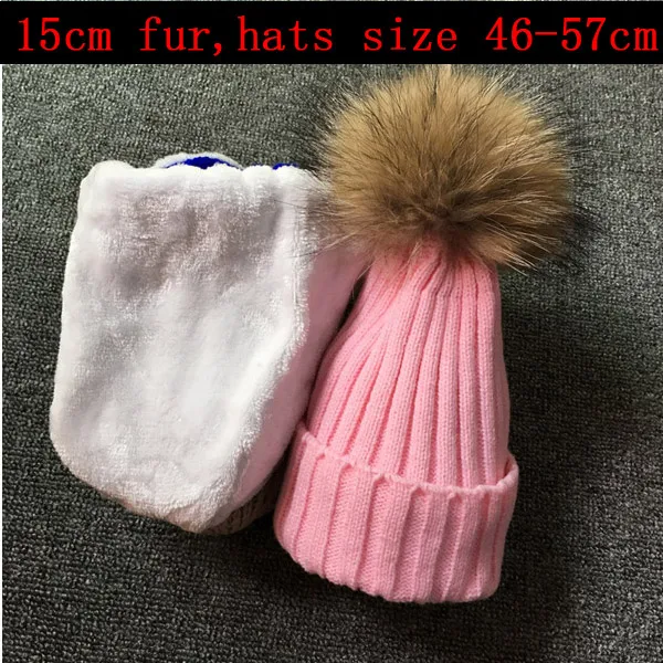 

2019 Real Raccoon Fur Ball hats Plus velvet Winter Hat Cap For Kids Boy Girl Warm Fur Pom Poms Ski Hat Fur Pompoms Hat