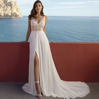 eightree white lace applique v neck wedding dresses a line chiffon sleeveless slit side beach bridal gown long dress custom size