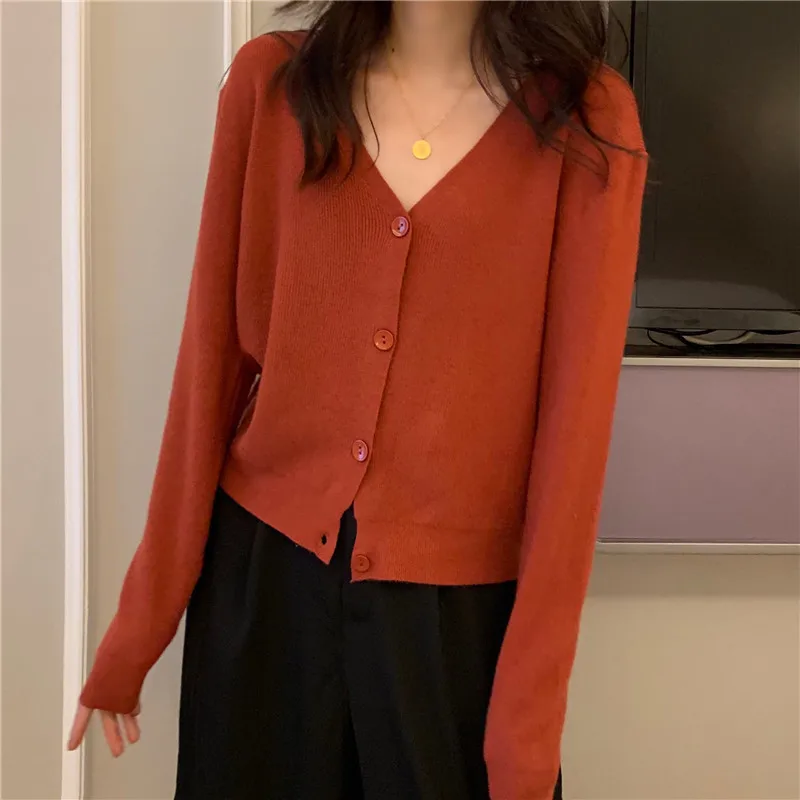 Women autumn button Front Crop Knitted Top V-neck Ribbed Knit Cardigans Crop Knitted soft sweater for women