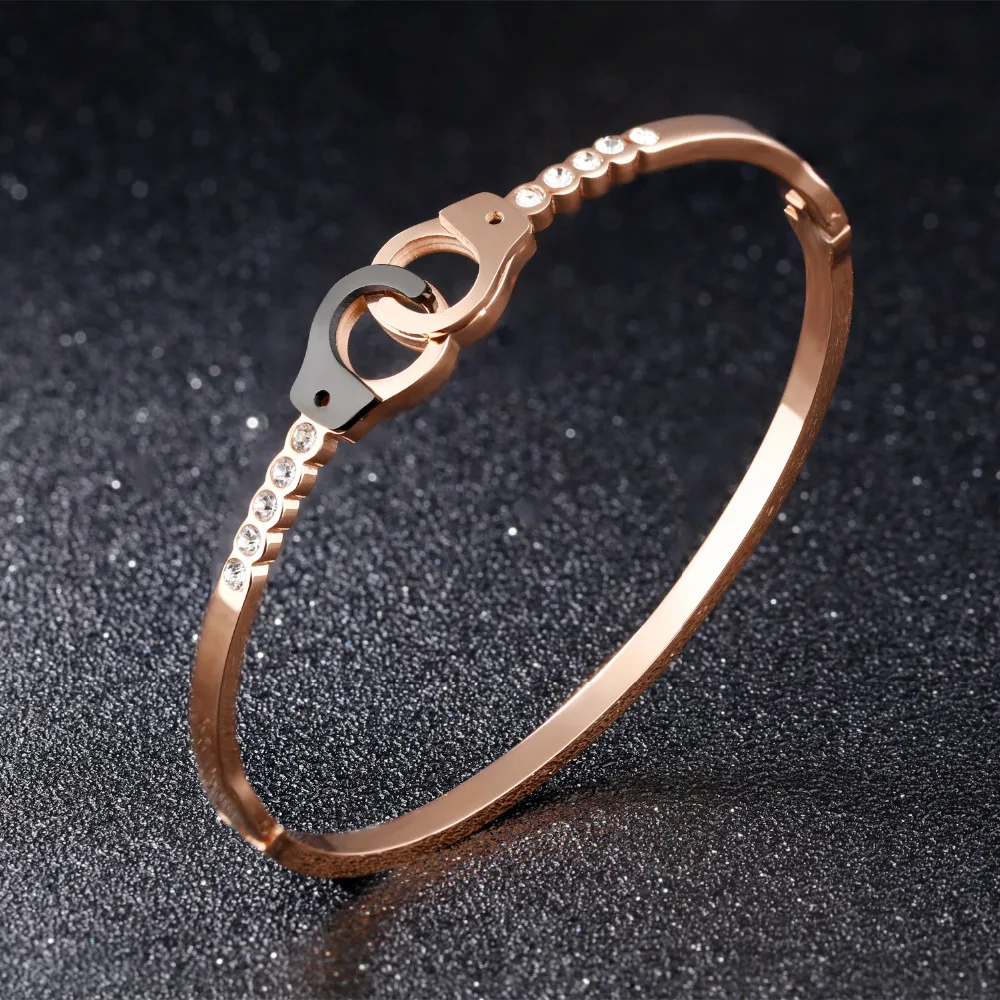 

OPK Handcuffs Open Bangles For Women Rose Gold Color Pave Cubic Zirconia Lock Design Birthday Party Office Gift GH869