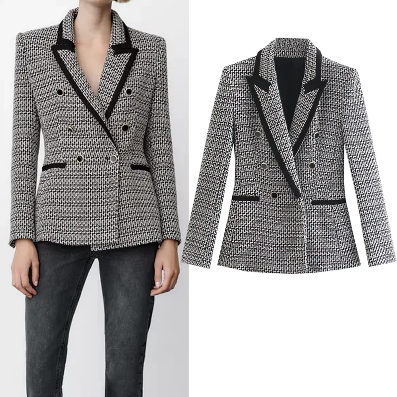 

TRAF Za 2021 Tweed Blazer Women Double Breasted Blazer Woman Piping Long Sleeve Fitted Coat Female Office Elegant Autumn Jacket