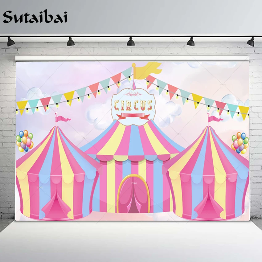 

Photography Backdrops 1st Birthday Party Baby Shower Circus Carnival Pink Tent Girls Cake Smash Decor Photo Booth Background