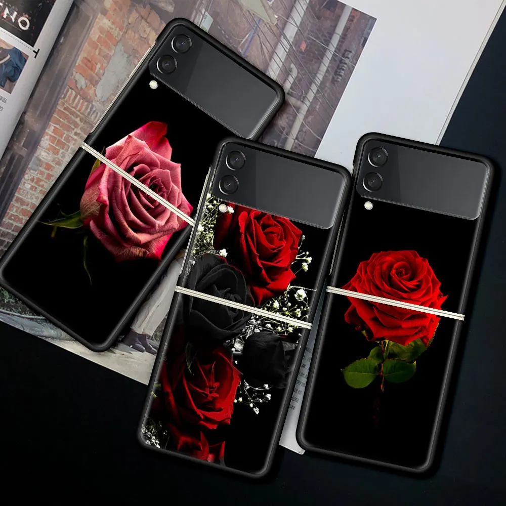 

Case For Samsung Galaxy Z Flip 3 5G Funda ZFlip3 Luxury Black PC Hard Shockproof Back Phone Coque Shell Bright Red Rose Flowers